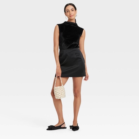 WOMENS BLACK RUCHED VELOUR MOCK NECK TANK TOP BY A NEW DAY! - Picture 9 of 10